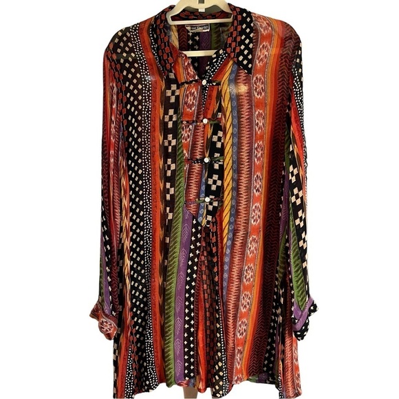 Rene Derhy Vintage Sheer Tribal Print Tunic Top Boho Half Button Front Sz L - Picture 1 of 11